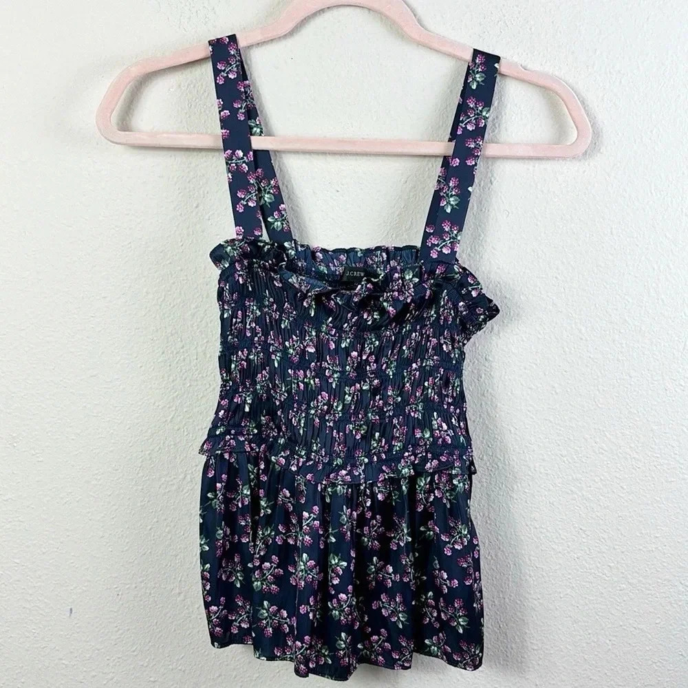 J. Crew Navy Floral Smocked Satin Tank Top in Twilight Berry
